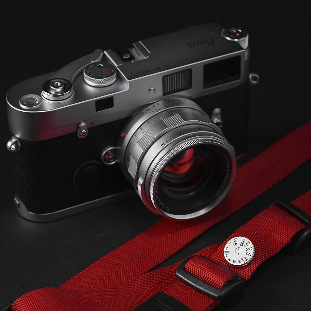 Funleader leica m3 925 silver shutter speed dial brooch pinned on red strap